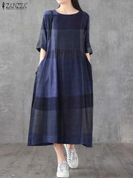 Basic Casual Dresses ZANZEA Women Cotton Linen Dresses Vintage Plaid Half Slve Midi Vestidos Casual O-neck Long Sundress 2023 Holiday Pocket Robes T240505