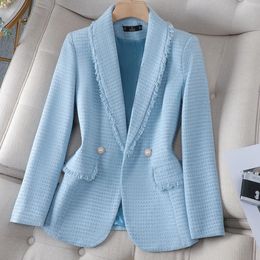 Sky Blue Womens Elegant Blazer Suit Tweed Long Sleeve Double Breasted Jacket For Wedding Party Or Office Work Female Jacket 240423