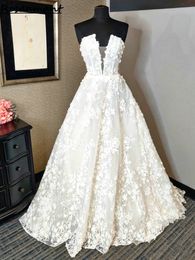 Real Image Strapless Open Back Wedding Dresses A-Line Sleeveless Floral Appliques Lace Bridal Gowns Robe De Mariee