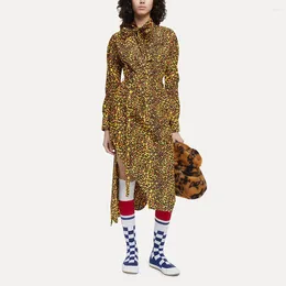 Casual Dresses 2024 Spring Women's Dress Y2k Leopard Print Irregular Cut Bowknot Collar Fashion Temperament Commuter Long Sleeve
