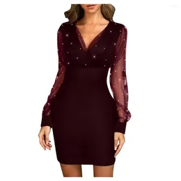 Casual Dresses Elegant Sexy Bag Hip Party Dress Women Retro Gazue Sequins Long Sleeved Mini Female Pearl Culb Vestidos Robe