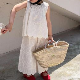 Clothing Sets Korean Children's Set Lace Suit 2024 Summer Sleeveless Vest Wide-leg Pants Girl's Two-piece