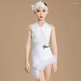 Stage Wear 2024 White Latin Dance Dress Girls Performance Clothes Flower Fringe Cha Rumba Competition Clothing BL12696