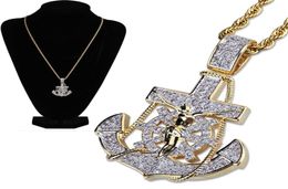 New 18K Gold Plated Iced Out Cublic Zirconia Vine Anchor Pendant Necklace Twist Chain 2 Colours Hip Hop PunkRock Jewellery Gifts for Guys9767433