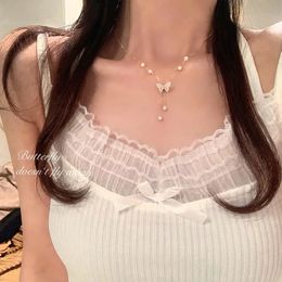 Fairy Butterfly Pearl Necklace Eomens Light Luxury Niche Exquisite Ladies Birthday Gift Party Collarbone Chain 240429