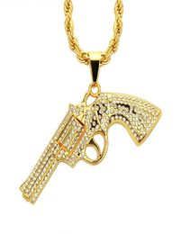 Hip Hop Pistol Gun Necklace Pendant Iced Rhinestone Gold Silver Colour Charm Bling bling Jewellery Long Cuban Chain6030364