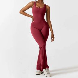 Imcute Women Sleeveless Flare Jumpsuits Bodycon Scrunch Butt Yoga Rompers Cutout Wide Leg Pants Playsuit Clubwear 240429