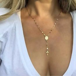 Pendant Necklaces Retro Christian Cross Bohemian Religious Rose Pendant Necklace with Female Charm 2024 New Fashion Jewellery Gifts Q240430