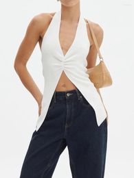 Women's Tanks Knit Halter Tank Tops Ribbed Ruched Backless Split Hem Slim Vest Female Solid Colour Camisole For Club Streetwear Y2K