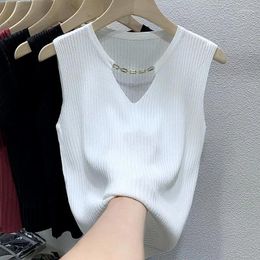 Women's Tanks Women Sweety Summer Knitted Vest Tops Sleeveless V-Neck Rose Ice Silk Slim Outer Wear Camisole Female Inner Sweater Top