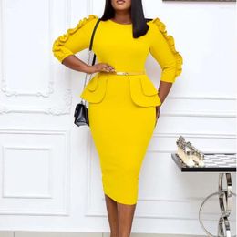 Casual Dresses Elegant Office Dress For Women Professional Round Neck Three Quarter Sleeve Belt Waisted Package Hips Mid Calf Formal Work