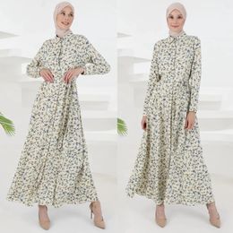 Ethnic Clothing Eid Muslim Dress Waist Lapel Sleeve Large Hem Women Floral Print Belt Midi Dresses Ramadan Abayas Caftan Party Vestidos