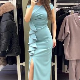 Casual Dresses Women Dress Sexy Party Long Slim Round Neck Short Sleeve Sheath Ruffles Elegant High Waist Blue Vestidos 2024