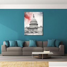 Paintings World Famous Building United States Capitol Colorf Pencil Script Art Canvas Print Picture Poster For Office Room Wall Deco Dhr38