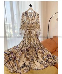 Casual Dresses Women Holiday Wear Deep V Neck Long Sleeve Heavy Beaded Retro Print Maxi Big Swing Silk Dress