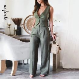 Wefads Blazer Two Piece Women Fashion Office Simple Solid Sleeveless Single Breasted Button Tie Up Jacket Top Loose Pants Sets 240419