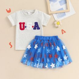 Clothing Sets Little Girl 4th Of July Outfits Children Letter Embroidery Round Neck Short Sleeve Tops Star Print Mesh Skirt Toddler Summer