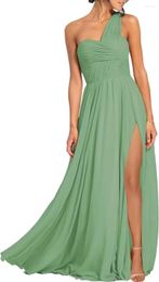 Party Dresses One Shoulder Bridesmaid For Women Ruched Chiffon Formal Dress With Pockets High Split Evening Gown Spring Vestidos