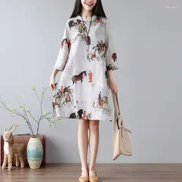 Ethnic Clothing Chinese Stand Up Collar Button Printing Cotton Linen Cheongsam Dress Style Ink Wash Painting Loose Comfortable Qipao