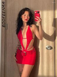 Casual Dresses BOOFEENAA Red PU Leather Halter Mini Sexy Lace Up Cut-out Backless Belted Y2k Summer Dress Woman Rave Outfit C96-DC23