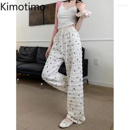 Women's Pants Kimotimo Women Korean Style Elastic High Waist Bow Print Layered Ruffled Straight Long Pant Summer Casual Y2k Streetwear