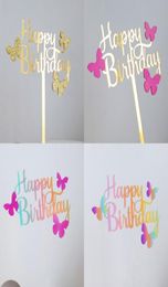 Cute Colourful Cake Topper Acrylic Happy Birthday DIY Cake Insert Reusable Butterfly Gradient Gold Cake Decoration Party Supplies M3218949