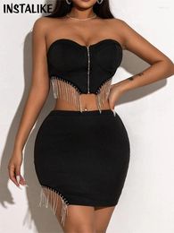 Work Dresses InstaLike Sexy Tassel Zip Tube Matching Sets Y2K 2024 Off Shoulder Sleeveless Tops Skirts Fashion Suit Women Clubwear