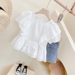 Clothing Sets Children'S 2024 Summer Girl'S Suit Flower Flying Sleeve Lace Top Denim Shorts Two-Piece Fashion Kids Outfit