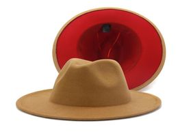 Tan Red Patchwork Wool Felt Jazz Fedora Hats Wide Brim Women Men Party Wedding Cowboy Trilby Panama Gambler Hat6297050