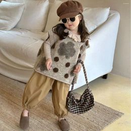 Clothing Sets 2024 Autumn Childrens Wear Korean Style Girls Big Dot Series Vest Knitted Woollen