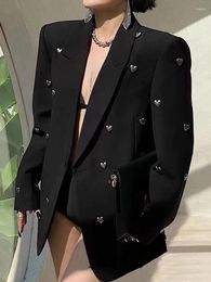 Women's Suits BJTZ Fashion Women Blazer Notched Collar Long Sleeves Single Button 3D Love Rivet Decoration Suit Jackets Autumn 2024