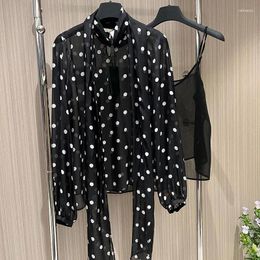 Women's Blouses Retro French Polka Dot Silk Long Sleeve Shirt Fashion Elegant Lace-up Bow Exquisite Top High End Y2K Clothes Summer 24