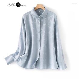 Women's Blouses 2024 Spring Natural Mulberry Silk Jacquard HuaLuo Long Sleeved Square Neck Simplicity Commuter Office Shirt