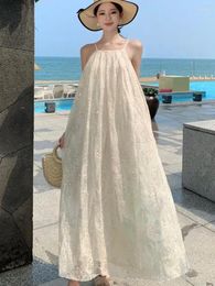 Casual Dresses Women Beige Holiday Backless Spaghetti Straps Fairy Long Dress Summer Sexy Club A Line Pleated Loose Vestidos