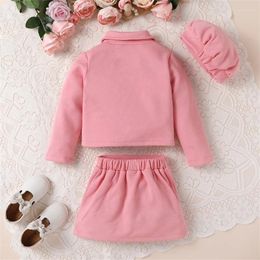 Clothing Sets Girl S Autumn 3 Piece Outfits Pink Long Sleeve Lapel Coat Button Skirt Beret Set