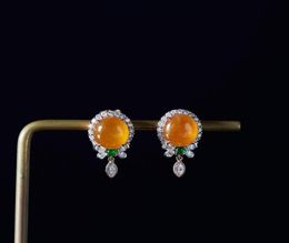 Stud Natural Yellow Chalcedony Transparent Round Bead Earrings Chinese Style Retro Creative Craft Charm Women39s Silver Jewelry8430030