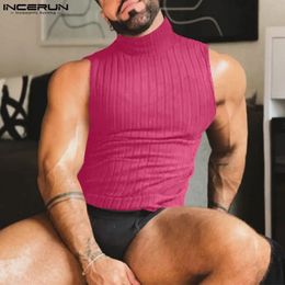 INCERUN Mens Tank Tops Solid Knitted Turtleneck Sleeveless Skinny Male Vests Streetwear Summer Stylish Men Clothing S-5XL 240425