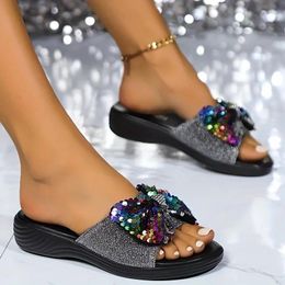 Casual Shoes Women's Sequins Bow Slide Fashion Glitter Open Toe Slip On Stylish Outdoor Summer Beach Slides