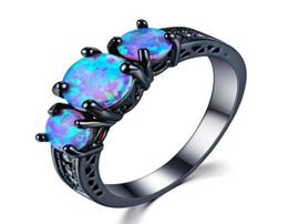 Exquisite Round Three Stone Rings Blue Fire Opal Fashion Ring Black Gold Filled Wedding Rings For Women Vintage Jewellery AB14939869118