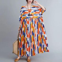 Party Dresses Women Loose Casual Dress Arrival 2024 Summer Simple Style Vintage Print Female Cotton Linen Long S3354