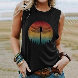 Women's Tanks Retro Print Women Tank Top Sleeveless Summer Vest Round Neck Dragonflies Graphic Basic Womens Clothing