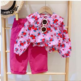 Clothing Sets Girls Spring And Autumn Set 2024 Childrens Doll Neck Rose Long Sleeved Shirt Casual Pants Two Piece