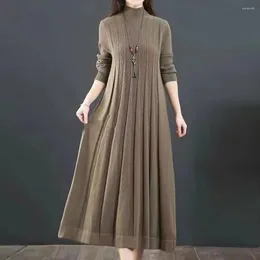 Casual Dresses Loose Waistline Dress Solid Color Women Cozy Knitted A-line Midi With High Collar Warm Long Sleeves For