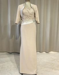 Selling New Long Column Champagne Mother of the Bride Dresses with Jacket 34 Sleeve Straps Bead Lace Chiffon Formal Gowns C9846514