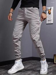 Men's Pants Cotton Gray Cargo Autumn Tactical Casual Stretch Slim Fit Trousers