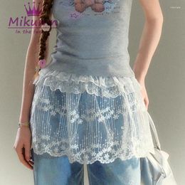 Skirts Mikumn Harajuku White Mesh Lace Y2k Korean Girl Stacked Skirt Chic Streetwear Apron Wrap Up Matching Pants