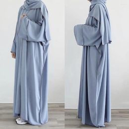 Ethnic Clothing 3Pcs Dubai Turkey Kimono Cardigan Maxi Dress Hijab Scarf Muslim Matching Outfit Eid Ramadan Islamic Abaya Kaftan Prayer