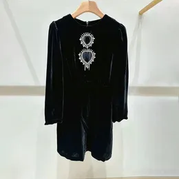 Casual Dresses Elegant Cut-Out Diamond Encrusted Black Velvet Short Women 2024 Spring Fashion Long Sleeve Slim Evening A-Line Dress