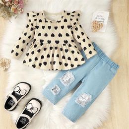 Clothing Sets 0-4Y Kids Girls Fall Denim Pant Outfits Baby Heart Print Long Sleeve Tops Dress Ripped Jeans Toddler Casual Clothes