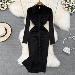 Casual Dresses Elegant Women Black Dress Spring Autumn Turn Down Collar Long Sleeve Folds Split Party Fashion Mid-length Vestidos